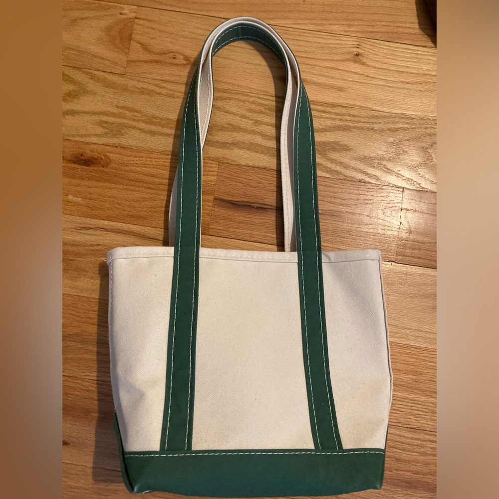L.L. Bean Small Canvas Boat and Tote Natural & Dark Green W/ Long Handles